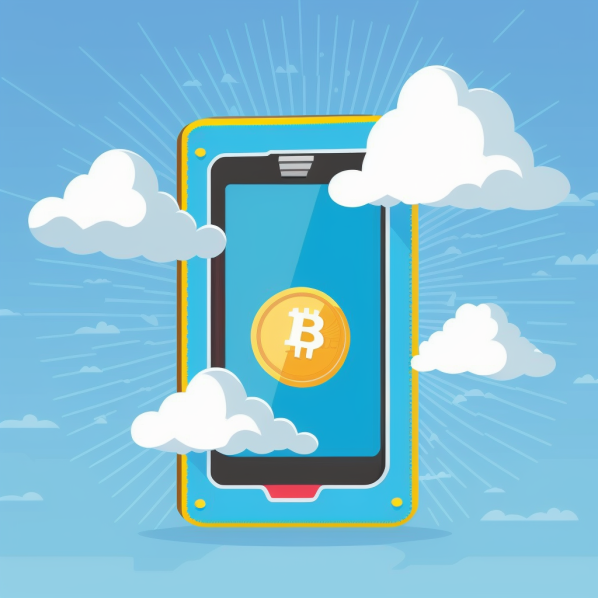 cryptocurrency, A digital wallet floating in the clouds filled with gold coins, with a background of blue sky and white clouds, evoking a feeling of wealth and freedom, Illustration with a flat design style