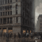 A somber painting of a once-thriving bank now abandoned and in disrepair, People gathered outside the building, exchanging worried glances and discussing their financial futures, A bleak, overcast cityscape surrounding the bank, An atmosphere of despair and loss