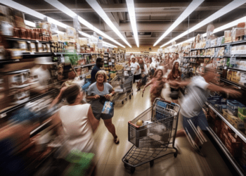 Crowds of people rushing through a grocery store as prices soar, shopping carts overflowing with essentials like toilet paper and canned goods