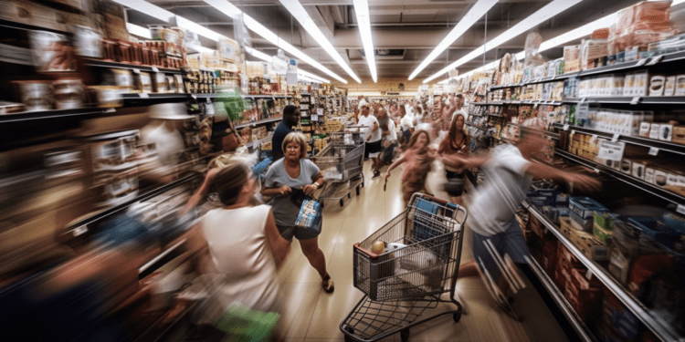 Crowds of people rushing through a grocery store as prices soar, shopping carts overflowing with essentials like toilet paper and canned goods