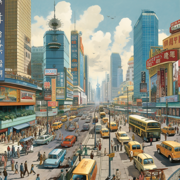 A bustling cityscape filled with skyscrapers, bustling streets, and a network of highways. The city is a hub of economic activity, with people hurrying to work, buses and taxis navigating the roads, and buildings adorned with corporate logos. The scene showcases the vibrant energy and constant movement of a thriving economy. 